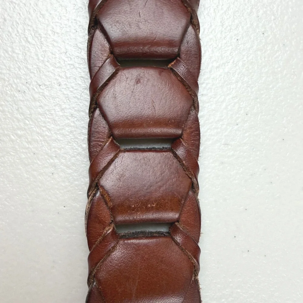 Vintage Brown Braided Leather Belt Size 36 Full Grain Cowhide Argentina Brass
